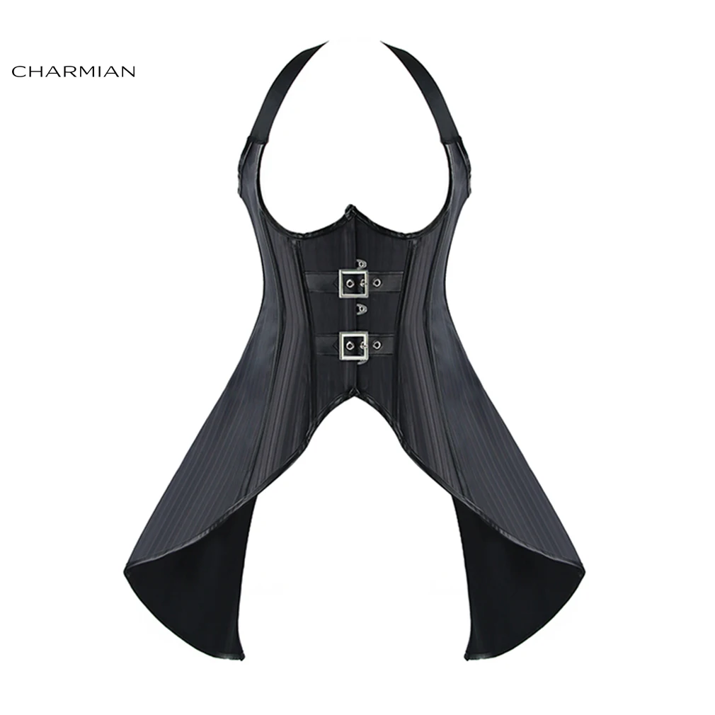 

Charmian Women's Victorian Steampunk Gothic Halter Underbust Corset with Buckle Sexy Swallowtail Striped Corsets and Bustiers