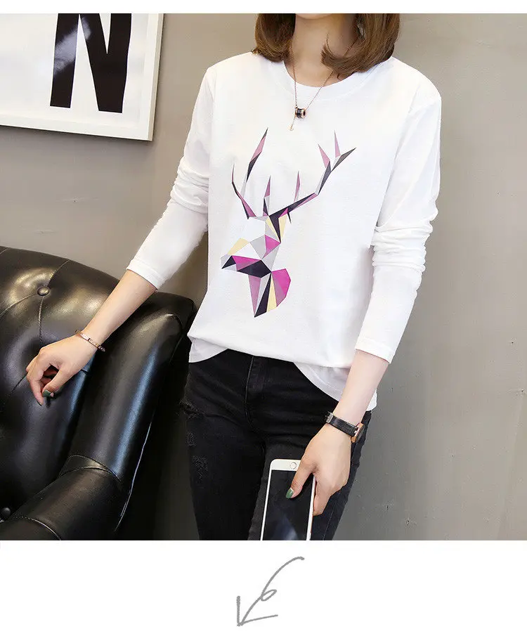 2019 Autumn Cotton T-Shirts Deer Printed Tshirts Women Leisure Long Sleeve White T-shirt Female Tops Tees Large Size M-5XL  (14)