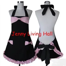 Черный хлопковый кухонный фартук для женщин с розовым и белым галстуком-бабочкой, гофрированный фартук для кулинарного салона, фартук Avental de Cozinha Divertido