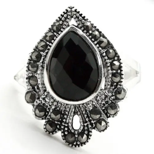 

NATURAL DROP BLACK AGATES MARCASITE 925 STERLING SILVER RING SIZE 7/8/9/10
