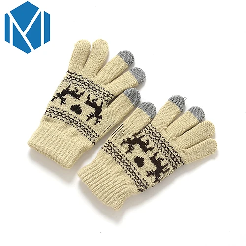 Модные вязаные перчатки для женщин и мужчин, перчатки для экрана, мягкие теплые зимние перчатки с рисунком оленя, варежки, рождественские подарки - Цвет: Beige