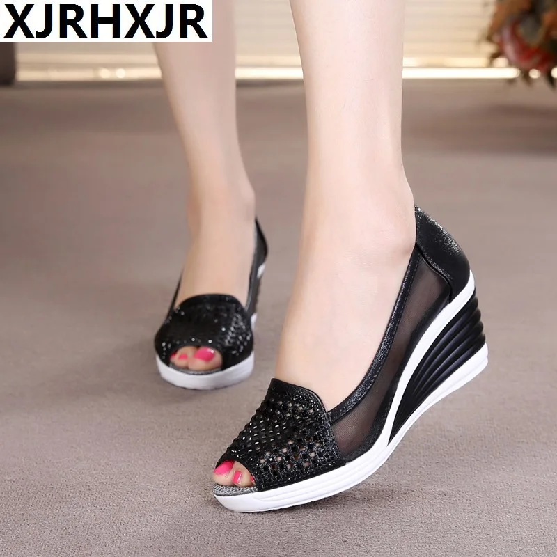 

Summer Women Hollow Out Sandals Wedges Slip On Shoes Platform Peep Toe High Heels Female Fashion Breathable Mesh Shoes Ladies
