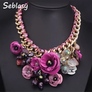 

Seblasy Collier Chunky Gold Color Chain Handmade Braided Crystal Flowers Necklaces & Pendants Statement Necklaces For Women