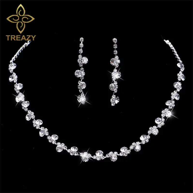 Treazy Sparkling Silver Color Rhinestone Crystal Necklace Earrings Rhinestone Crystal Necklace Earrings