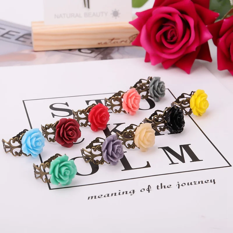 

Color Random New Hot Colorful Resin Rose Hollow Out Flower Ring Opening Resizable Gothic Finger Ring Vintage Jewelry For Women
