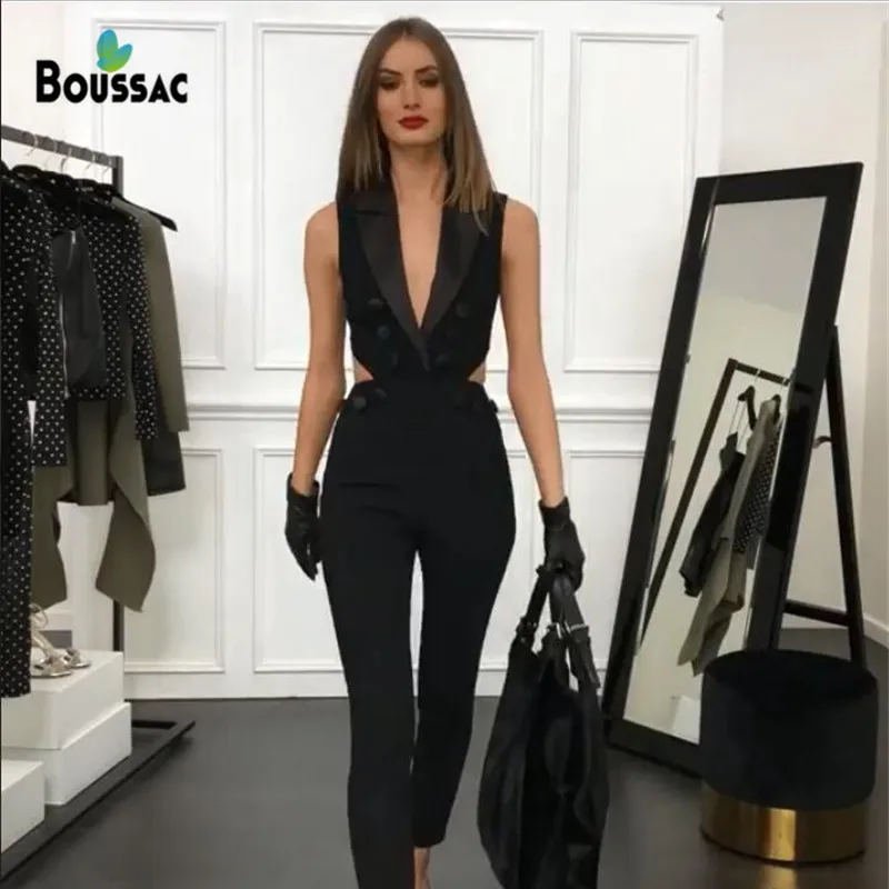 

BOUSSAC Women New Style Sexy Jumpsuit Black Blazer Design For Office Wear Celebrate Office Jumpsuit One Piece Suit High Quality