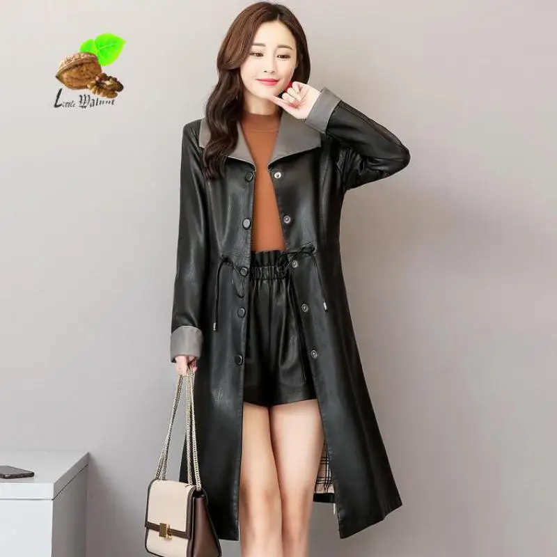 New Women Vintage Long Single Breasted Sheep Leather Trench Female Turn-down Collar Plus Size Slim Outerwear Windswear