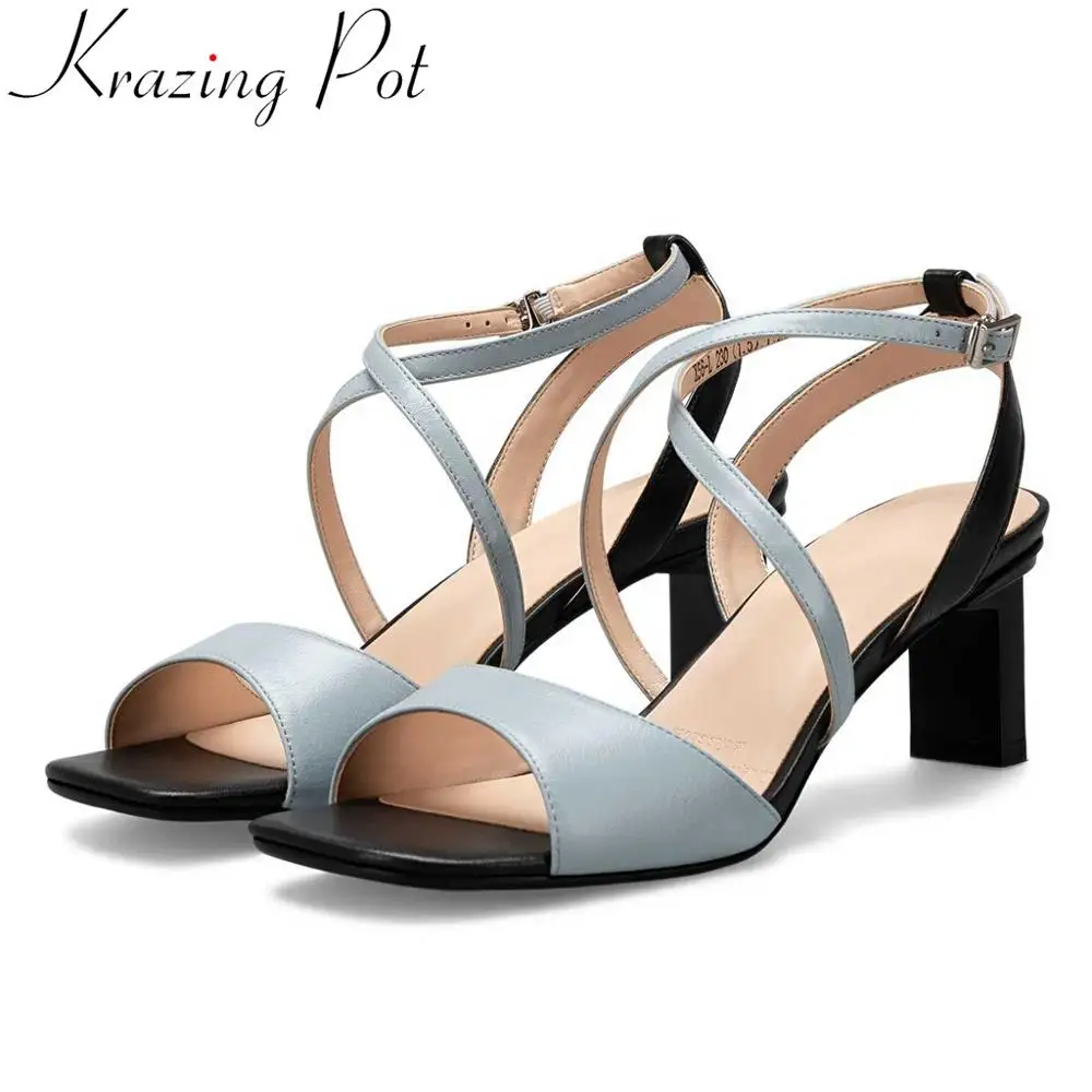 

Krazing pot natural leather peep square toe women sandals high heels office lady superstars mixed colors buckle strap shoes L56