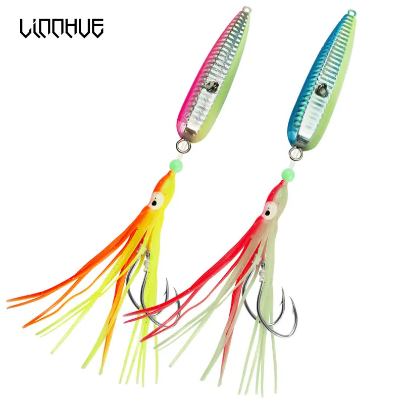 

LINNHUE 80g 100g 120g 150g 2colors Metal Lure Heavy Jigging With Octopus Soft Bait Tail Lead Alloy Jigs Bait Fishing Accessories