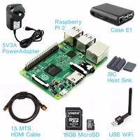 One Set : RasPI2 Board + Case E1 + Heat Sink + 5V3A Power Adapter + 16GB MicroSD + USB Wifi Adapter + 1.5MTS HDMI Cable