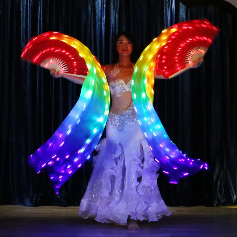 New Women Tie-dyed Belly Dance Fan Veils long Silk Fan Bamboo Fans Hand Made Hot