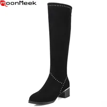 MoonMeek/Новое поступление; модные женские сапоги; черные замшевые сапоги до колена из коровьей кожи; блестящий квадратный каблук на молнии; сезон осень-зима; большие размеры 32-45