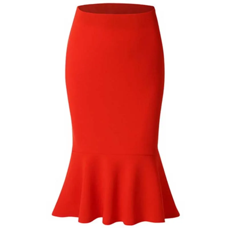 Летняя модная женская юбка русалки с высокой талией, одноцветная, большой размер, длина до колена, юбки-трубы, Женская офисная одежда, юбка - Цвет: RED