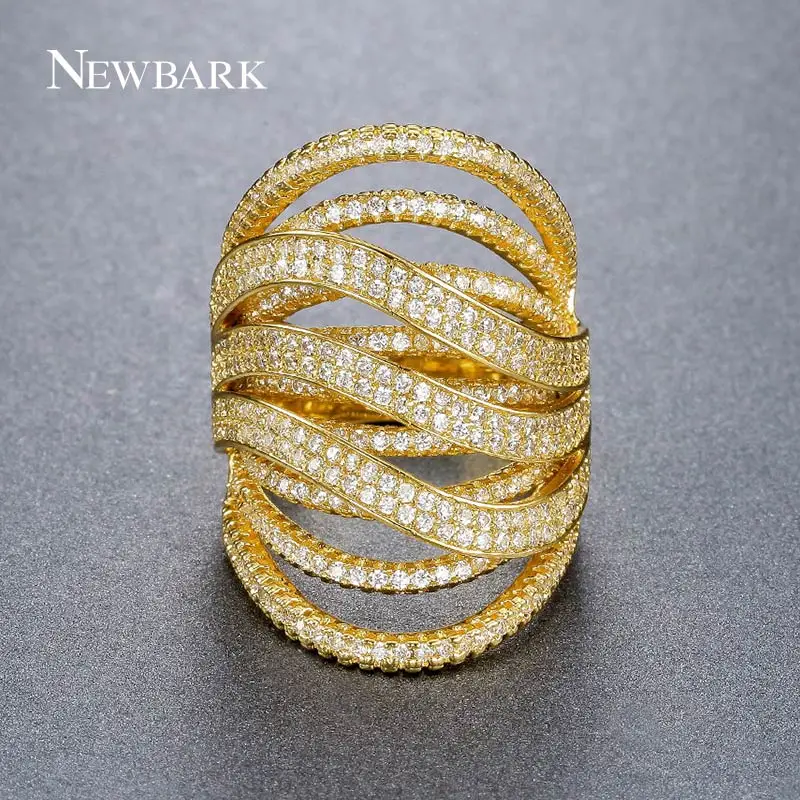 

NEWBARK Brand Stacked Crystal Rings Gold Color Irregular Multi Row Cubic Zirconia Paved Shining Rhinestone Hollow Trendy Jewelry