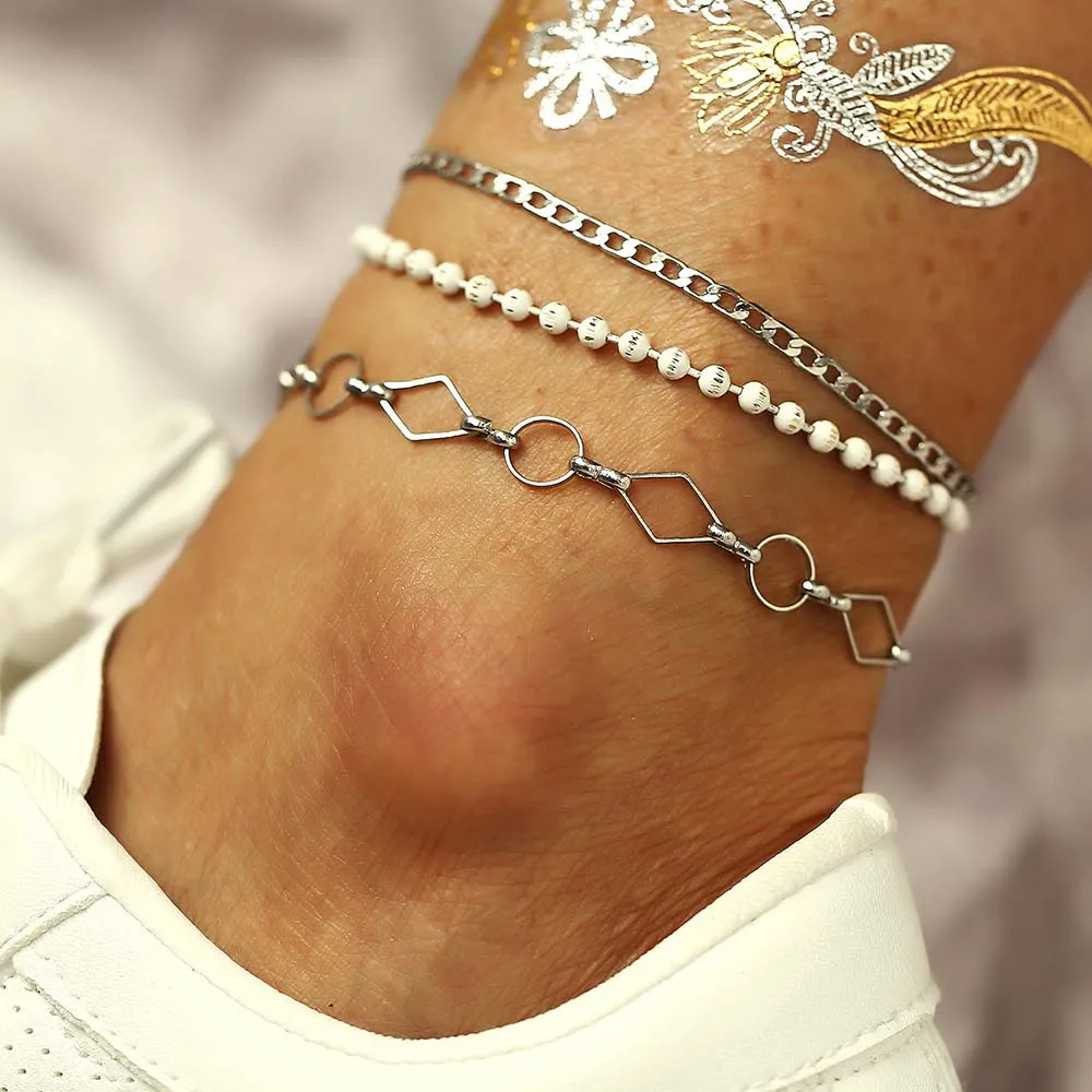 

Bohemian White Beads Anklet Set Silver Color Chain Women Ankle Bracelet Leg Foot Bracelets Jewelry Summer Beach Holiday MA012