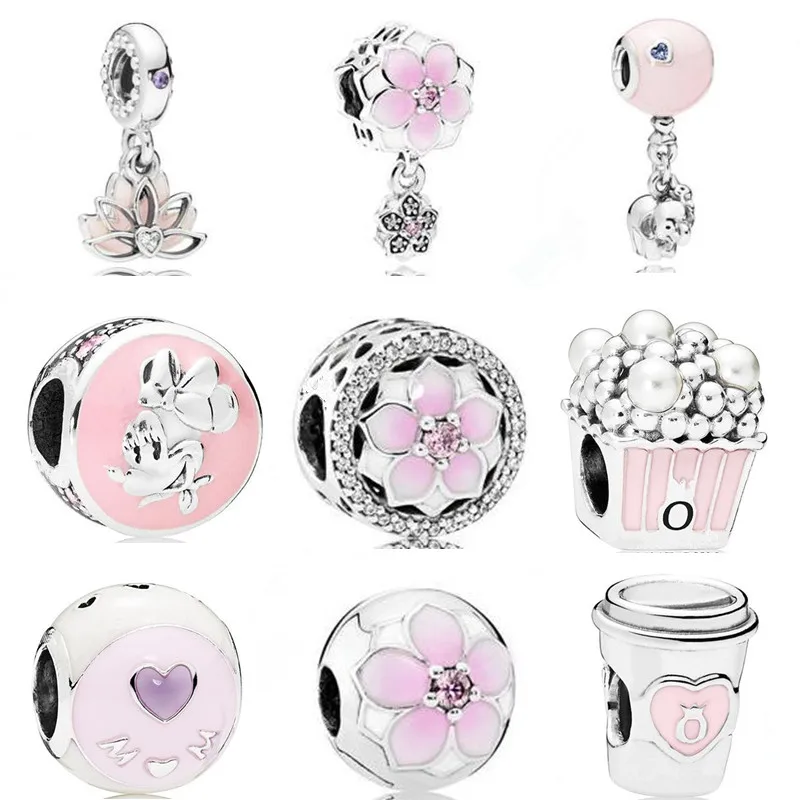 

AIFEILI New Original Pendant Gift Fashion Blue Fit Pandora Silver Bracelet Pink Bead Necklace Heart-shaped Women Gift