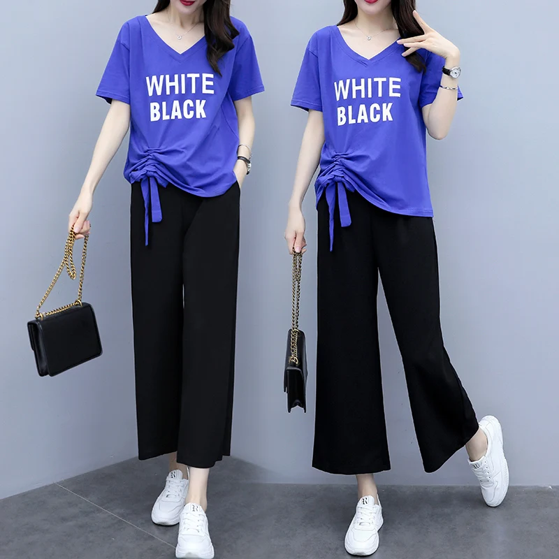 

2 Piece Matching Set Blue Tracksuits for Women Outfits 2020 summer Plus Size 3xl 4xl 5xl Top and Pants Suits Letter Clothing