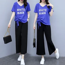 2 Piece Matching Set Blue Tracksuits for Women Outfits 2020 summer Plus Size 3xl 4xl 5xl Top and Pants Suits Letter Clothing