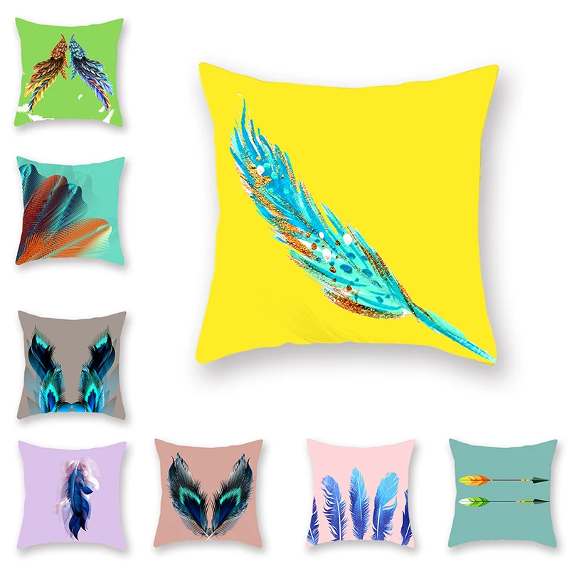 

Double-sided Cushion Cover Feather Peacock Color Pattern Printing Yellow Throw Pillowcase Home Bird Pillow Covers Decorative