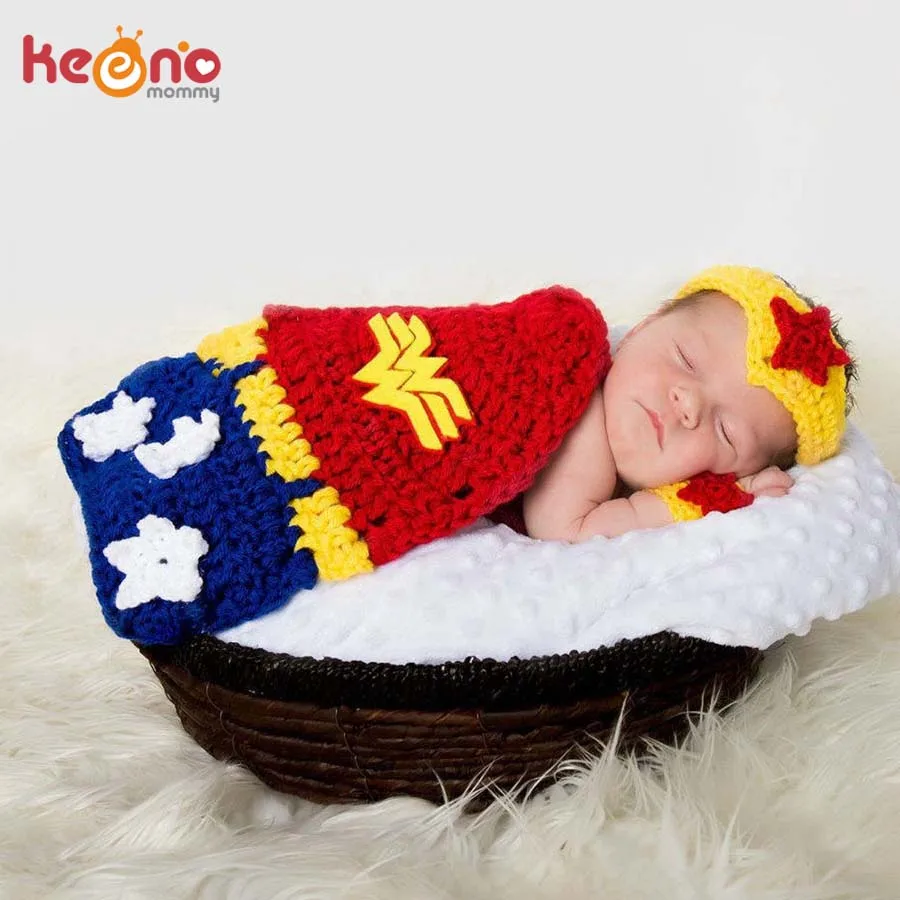 Crochet WonderWoman Newborn Photo Props Superhero Inspired Baby Costume Infant Knitted Photography Prop Halloween Outfit