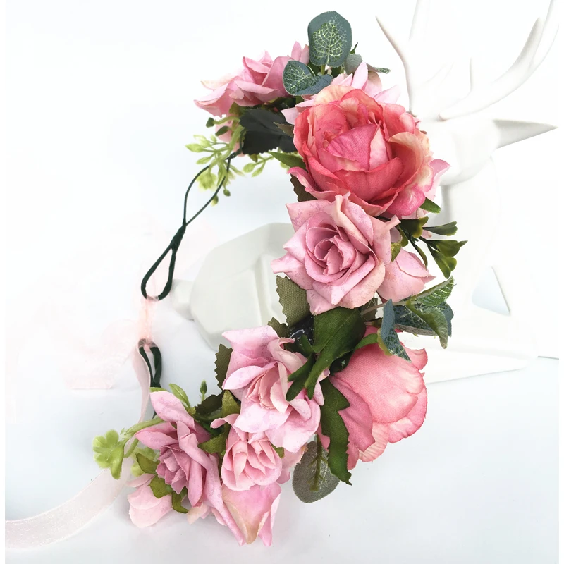 

Wholesale Rose Flower Headband Wreath Kids Party Floral Garlands Adjustable Festival Flower Crown Women Wedding hair accessories