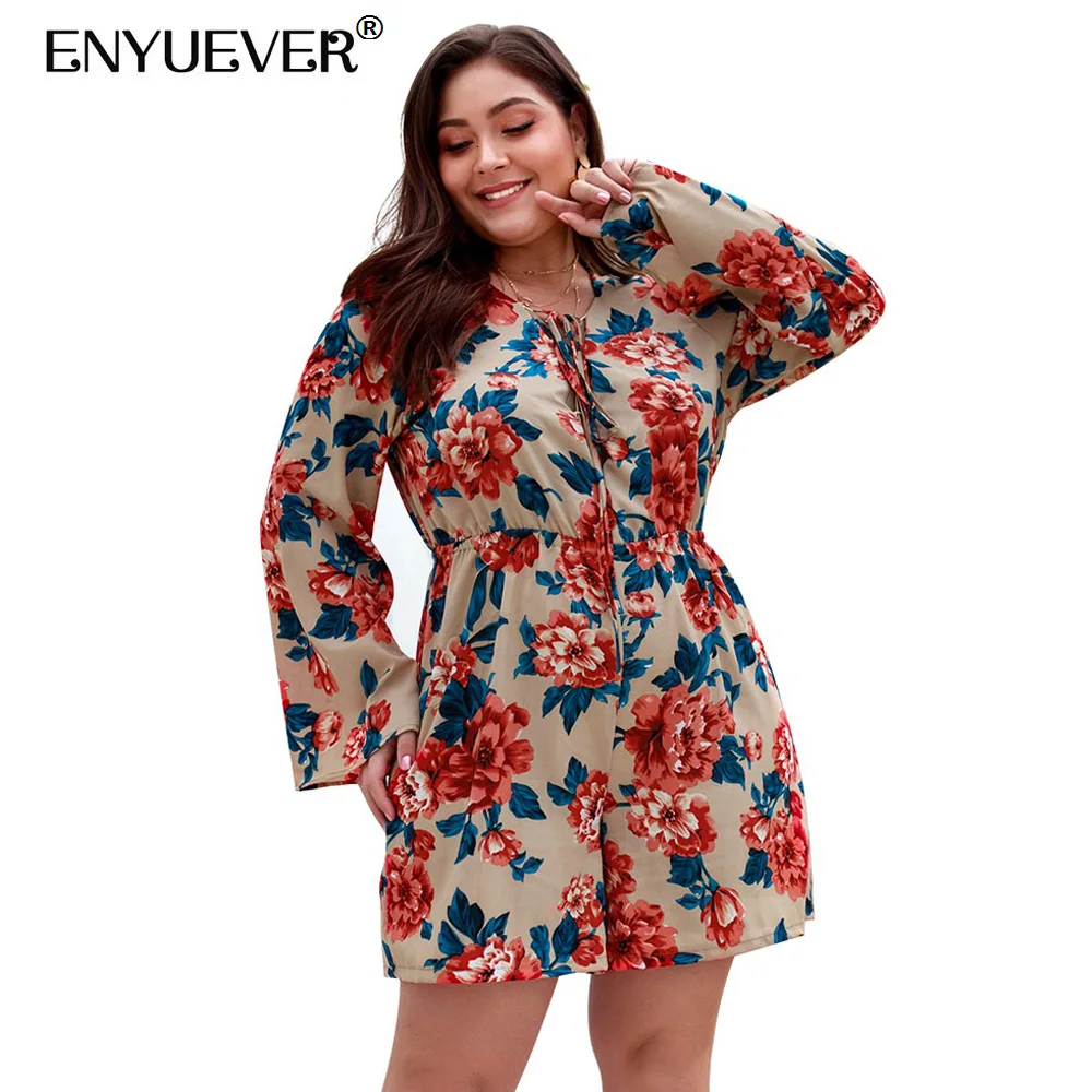 

Enyuever Plus Size Ladies Rompers Beach Casual Jumpsuit Long Sleeve Boho Romper Floral Print Loose Jumpsuits Wide Leg Playsuits