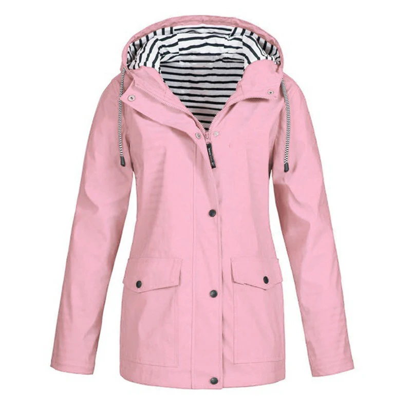 S-5XL Women's Hooded Jackets Casual Windbreaker Women Basic Jackets Coats Zipper Pockets Outwear Bomber Famale Pink Clothing