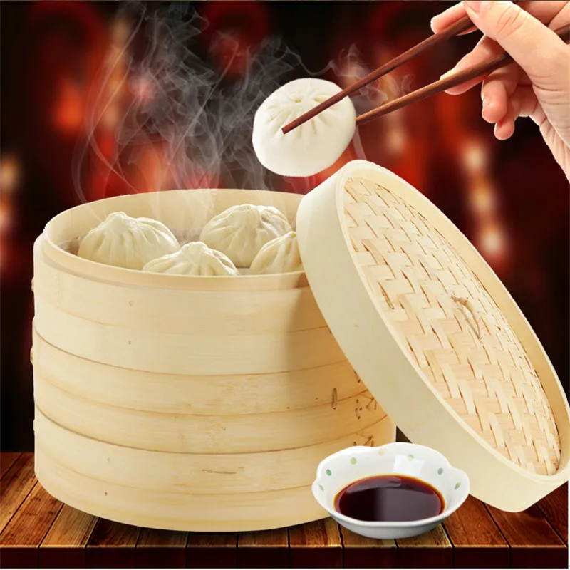 Прочная кухонная утварь 2 Ярусный здоровый бамбуковый Пароварка Dim Sum корзина для