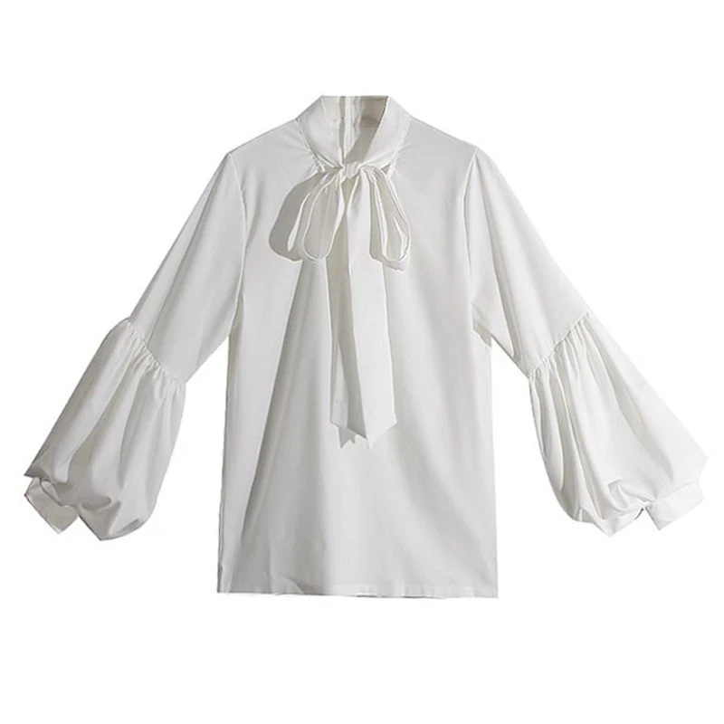 

PERHAPS U women white khaki lace up bow stand collar puff sleeve blouse shirt solid B0145