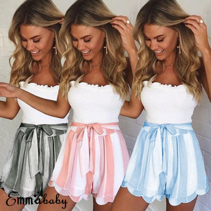 Trendy Women casual High Waist Belt Ladies Summer Striped shorts one pieces