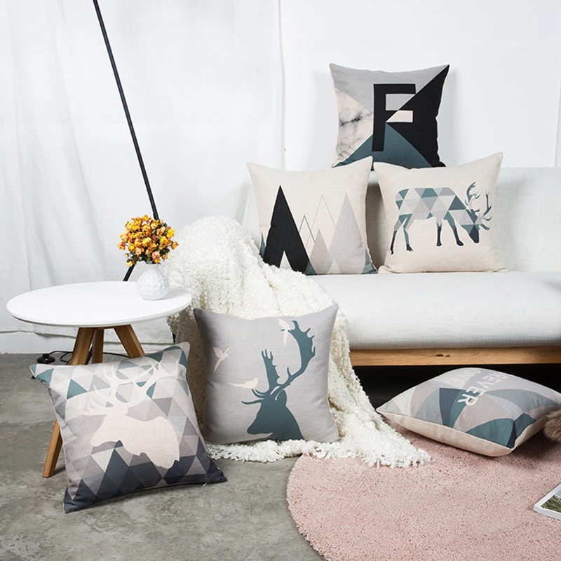 

Wholesales Pillow Cover Pink Grey Nordico Style Gemoetric Triangle Deer Cushion Cover Home Decorative Pillow Case 45x45cm