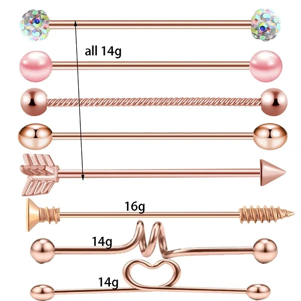 TIANCIFBYJS промышленные серьги-гантели из нержавеющей стали с винтовым ушным хрящом Tragus Helix-Conch пирсинг ювелирные изделия 14 г - Окраска металла: 8pcs rose gold