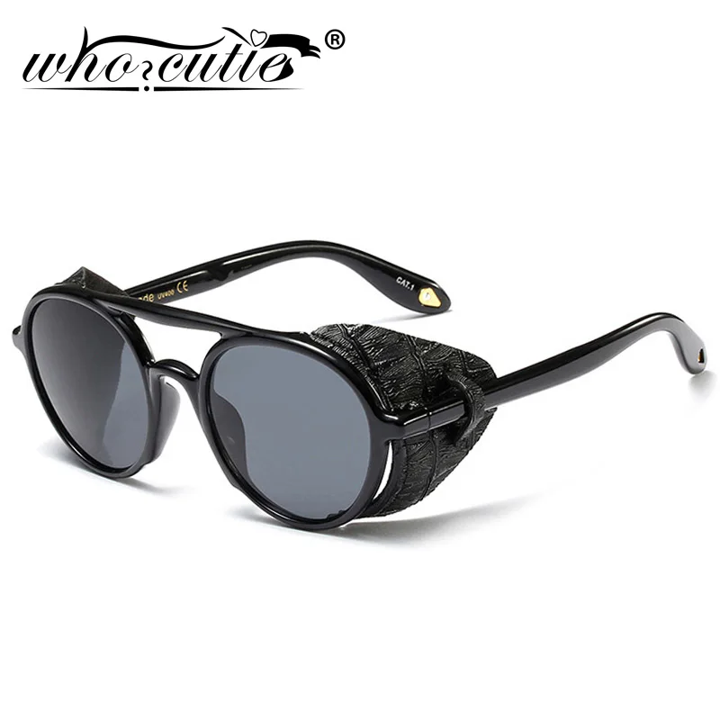 

Steampunk Sunglasses Leather Side Men Brand Design 2019 Vintage Retro Gothic Shield Cool Round Sun Glasses Women Shades OM866