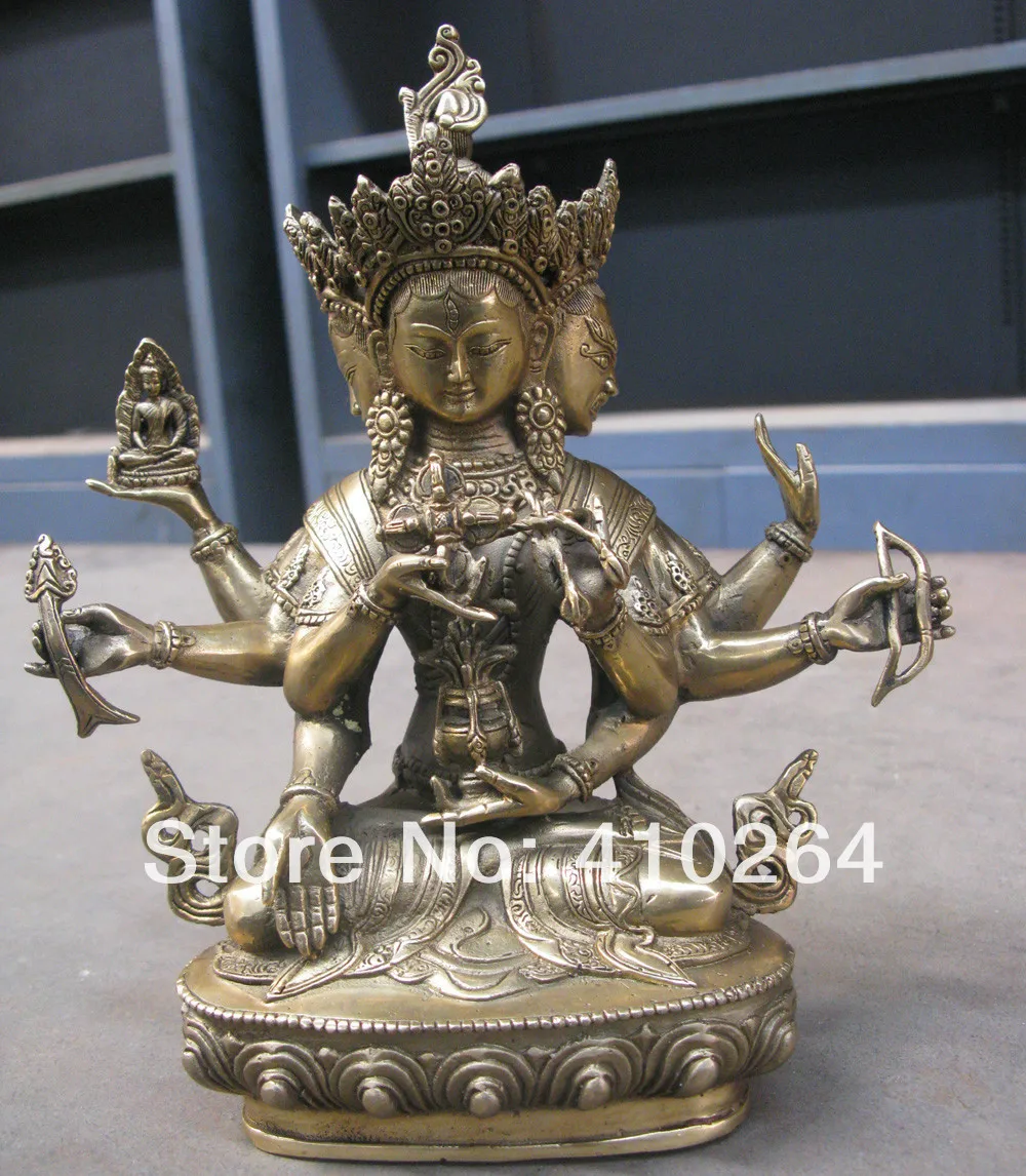 

0116P $old craft$ fast shipping 6 arms 3 beads Buddhism Buddha bronze statue