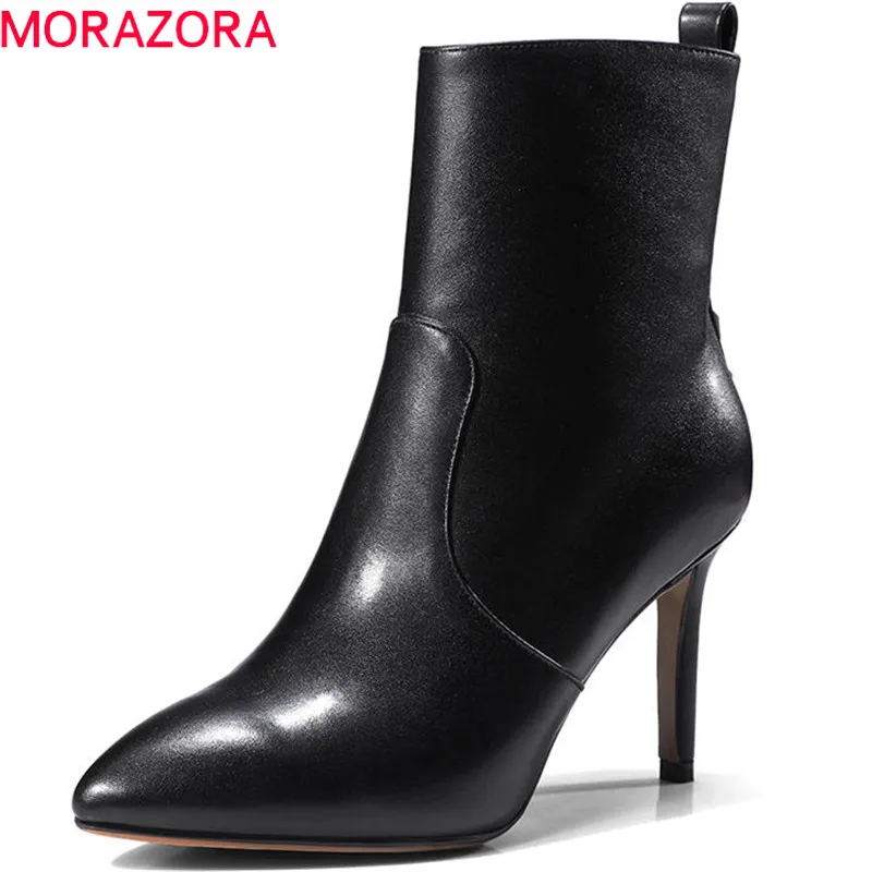 

MORAZORA 2018 pointed toe boots women short plush autumn winter fashion boots zipper genuine leather sexy high heel ankle boots