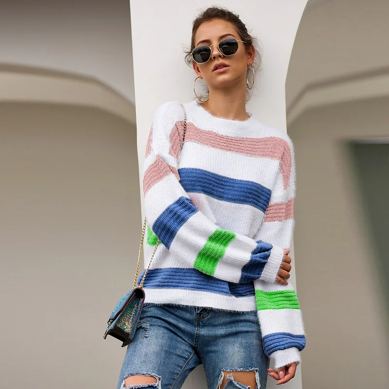 Color matching Stripe Sweaters Women Autumn Winter Pullovers Jumpers Female Knitted Loose Warm soft Sweaters Mujer Pullover
