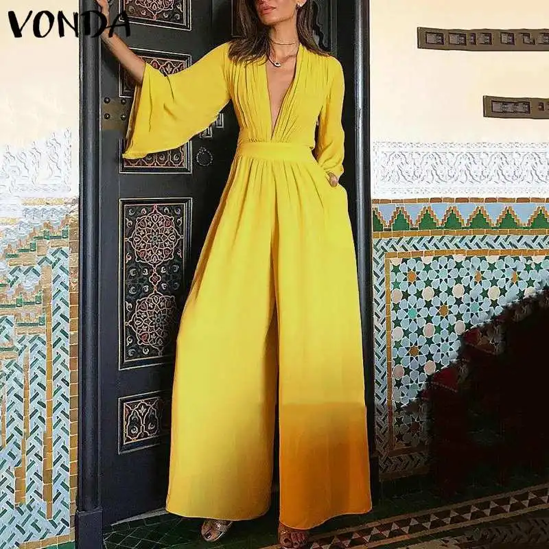 

VONDA Women Jumpsuit Sexy Romper 2019 3/4 Flare Sleeve V Neck Playsuit Casual Wide Leg Pant Vintage Overalls Plus Size Playsuit
