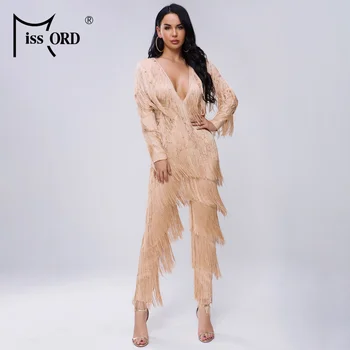 

Missord 2020 New Summer Sexy Deep V Long Sleeve Tassels Solid Color Elegant Jumpsuit FT20000