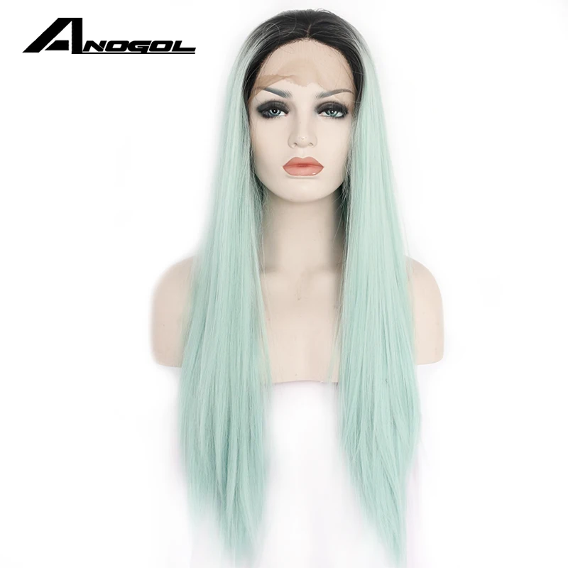 Anogol Mint Green Lace Front Wig Long Straight Glueless Synthetic Heat
