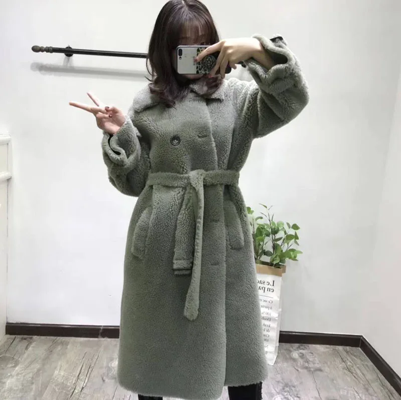 Abrigos Mujer Invierno 2019 Korean Sheep Fur Coat Leather Jackets Wool Fur Winter Women Casual Parka X-Long Overcoat With Sashes