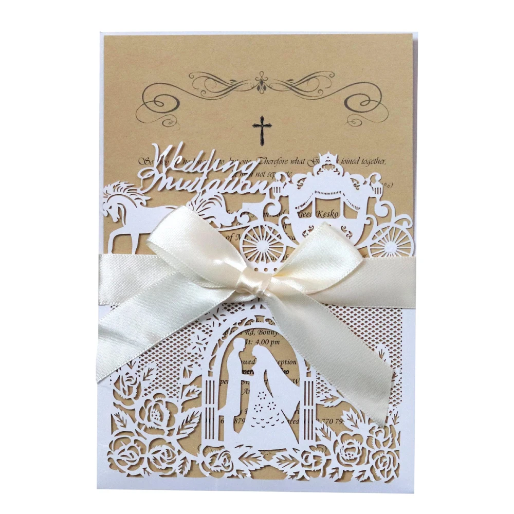 

Laser Cut Wedding Invitation Cards with Hollow Floral Bow Ribbon Bride and Groom Design for Engagement Bridal Shower