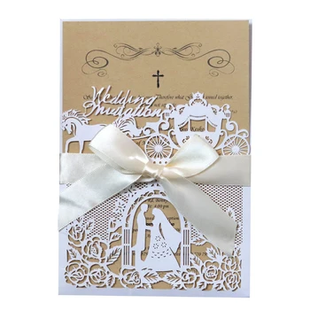 

Laser Cut Wedding Invitation Cards with Hollow Floral Bow Ribbon Bride and Groom Design for Engagement Bridal Shower