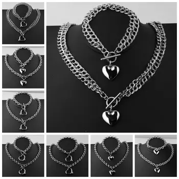 

5/6/8MM Silver Color Link Chain With Romantic Heart Bracelet&Necklace Chain Girl's Stainless Steel Jewelry Sets 45/20.5cm