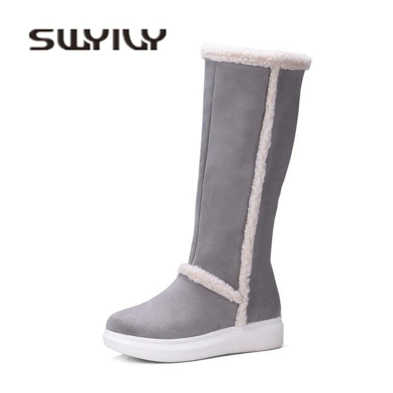 SWYIVY Winter Boots Flat Woman Velvet Warm Female Shoes High 43 Plus Size Lady Casual Warm Snowboots Shoes Snow Boots Knee High