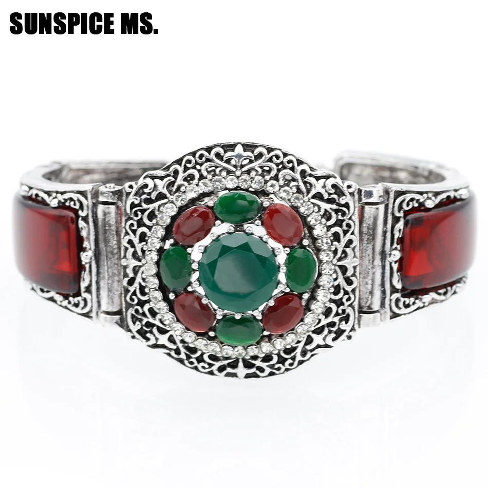 

SUNSPICE MS. Ethnic Indian Resin Cuff Bracelet Antique Silver Color Hollow Flower Bracelets Bangles Watch Style Vintage Jewelry