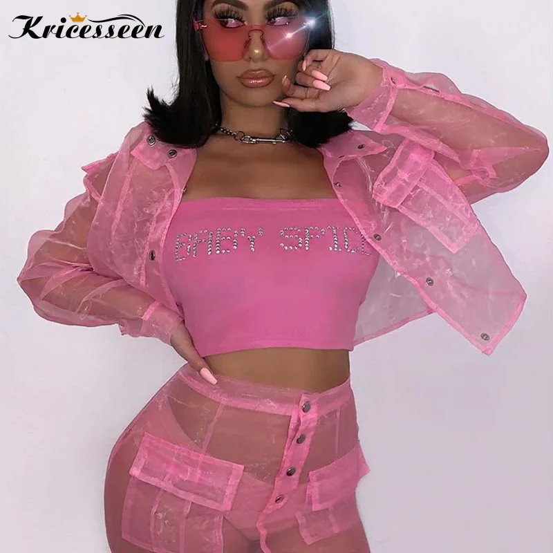 

Kricesseen Casual See Through Button Up Two Piece Skirt Set Women Autumn Sheer Long Sleeve Top And High Waist Mini Skirt Suits