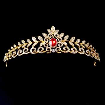 

Vintage Gold Leaf Bridal Tiaras Red Crystal Bridal Headbands Wedding Princess Crown Hair Accessories