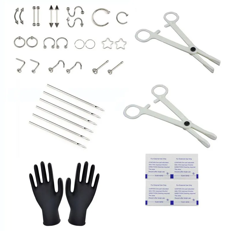 38Pcs/set 2018 New Belly Kit Jewelry Tool Nipple Eyebrow Lip Nose Ring Tongue Needles Body Piercing