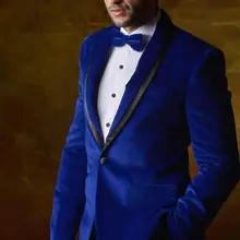 Дизайн Королевский синий бархатный блейзер черные брюки смокинги для жениха 2 шт Мужские свадебные костюмы для выпускного вечера(куртка+ брюки) Терно