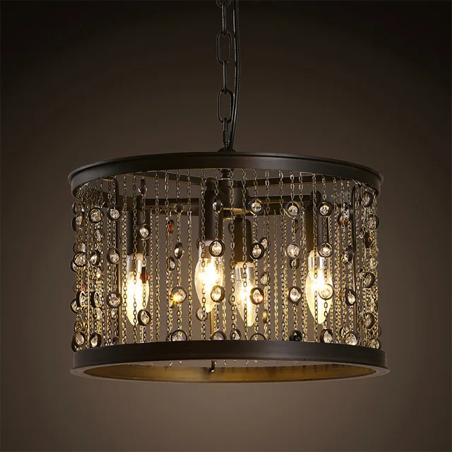 Black Iron American Style Pendant Light For Dining Room Living Room Coffee shop Restaurant Hall Hotel Circular Crystal Lamp